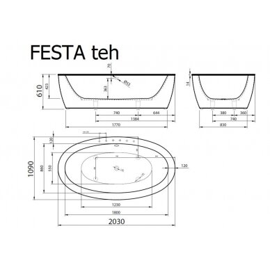 Akmens masės vonia FESTA 2040x1100 mm su panele, balta 1