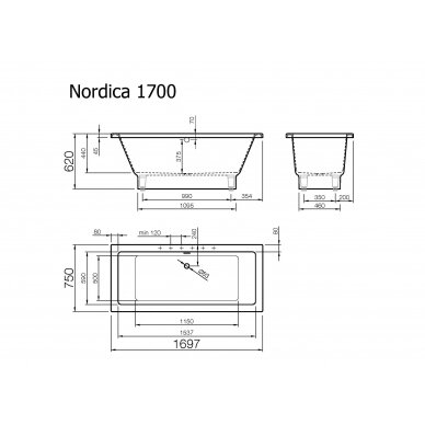 Akmens masės vonia Nordica 1690x750 mm su paslėptomis kojomis, balta 1