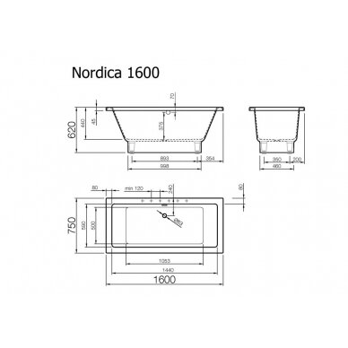 Akmens masės vonia Vispool Nordica, 1600x750 mm su paslėptomis kojomis, balta 1