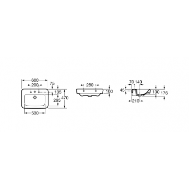 DAMA SENSO COMPACT & SQUARE Praustuvas 60 × 47 cm su montavimo rinkiniu, su anga maišytuvui 1