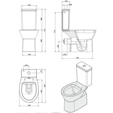 Kombinuotas WC EASY su kietu, soft close dangčiu, horizontalus, 3/6 ltr, baltas